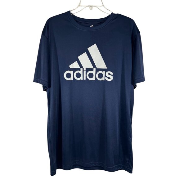 Adidas Spellout Logo Tee Shirt Mens Large Blue Short Sleeve 100% Polyester - Picture 1 of 6